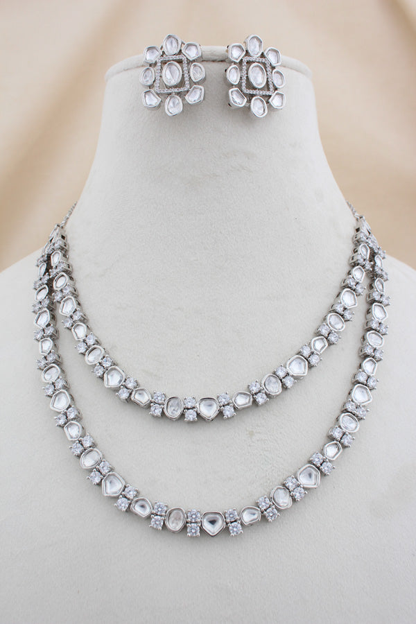 Silver Polish Kundan Necklace Set In Double Layer And Small Studs (NK024S-Kundan)