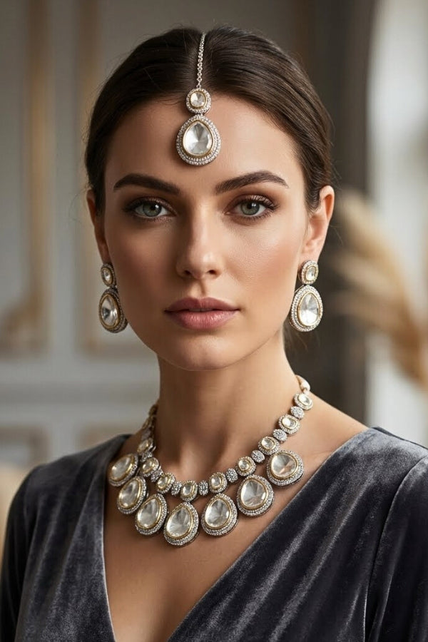 Silver Polish Kundan Necklace Set And Also Small Earrings And Tikka (NK026S-Kundan)