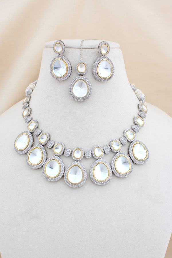Silver Polish Kundan Necklace Set And Also Small Earrings And Tikka (NK026S-Kundan)