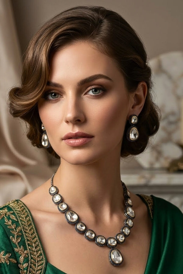 Silver Polish Kundan Necklace Set With Blue Stones And Matching Earrings (NK028B-Kundan)