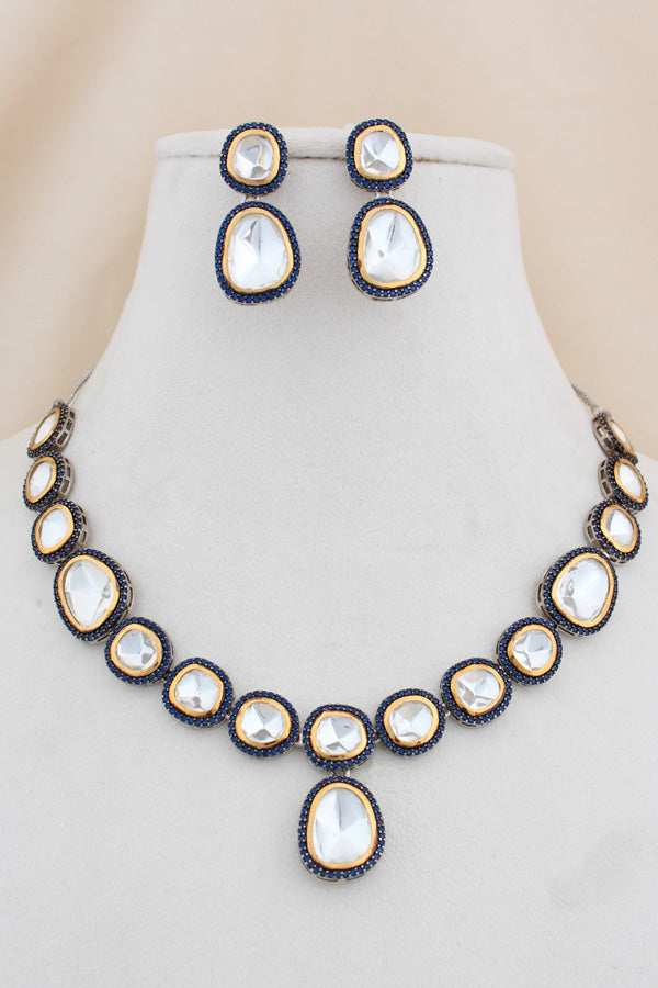 Silver Polish Kundan Necklace Set With Blue Stones And Matching Earrings (NK028B-Kundan)
