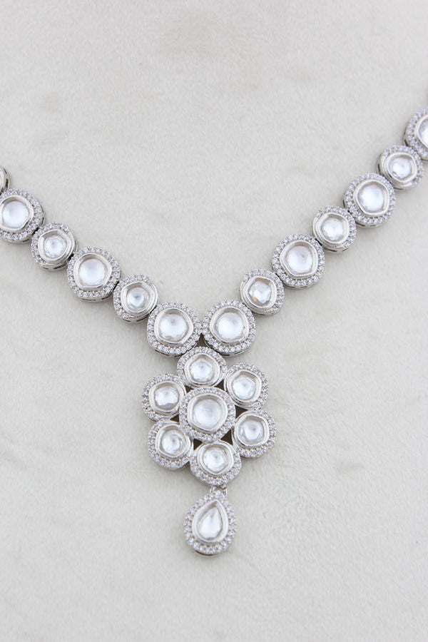 Silver Polish Kundan Necklace Set With Centre Pendant And Long Earrings(NK015S-Kundan)