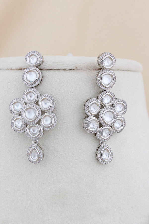 Silver Polish Kundan Necklace Set With Centre Pendant And Long Earrings(NK015S-Kundan)