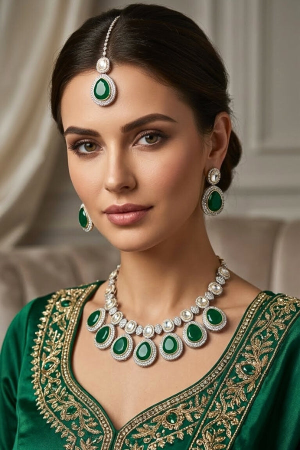 Silver Polish Kundan Necklace Set With Green Stones And Also Small Earrings And Tikka (NK026G-Kundan)