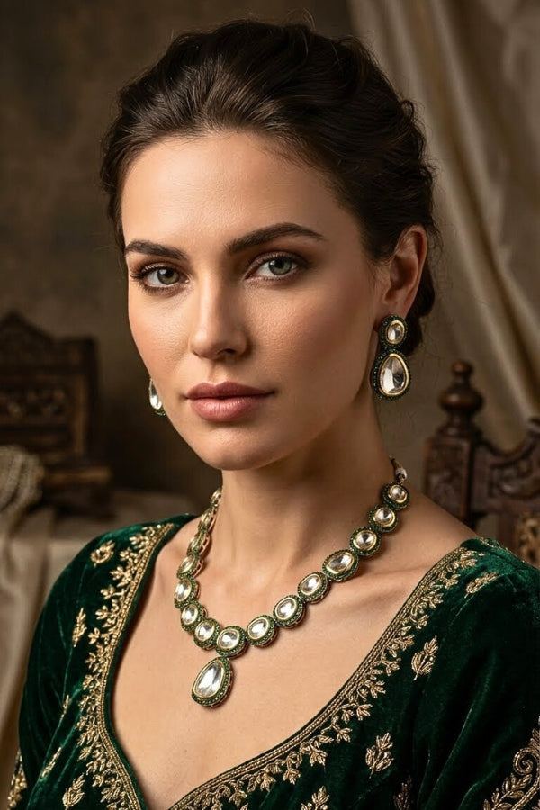 Silver Polish Kundan Necklace Set With Green Stones And Matching Earrings (NK028G-Kundan)