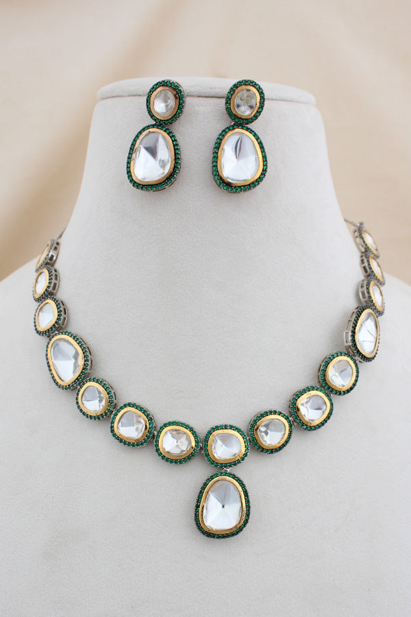 Silver Polish Kundan Necklace Set With Green Stones And Matching Earrings (NK028G-Kundan)
