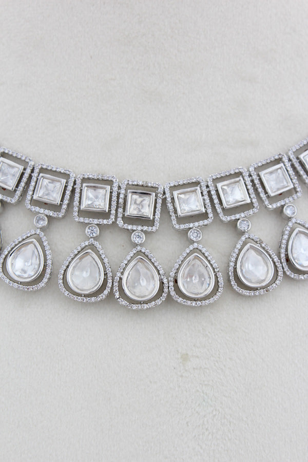 Silver Polish Kundan Necklace Set With Matching Earring(NK014S-Kundan)