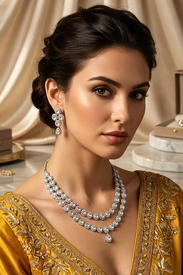 Silver Polish Kundan Necklace Set With Matching Earrings (NK027S-Kundan)