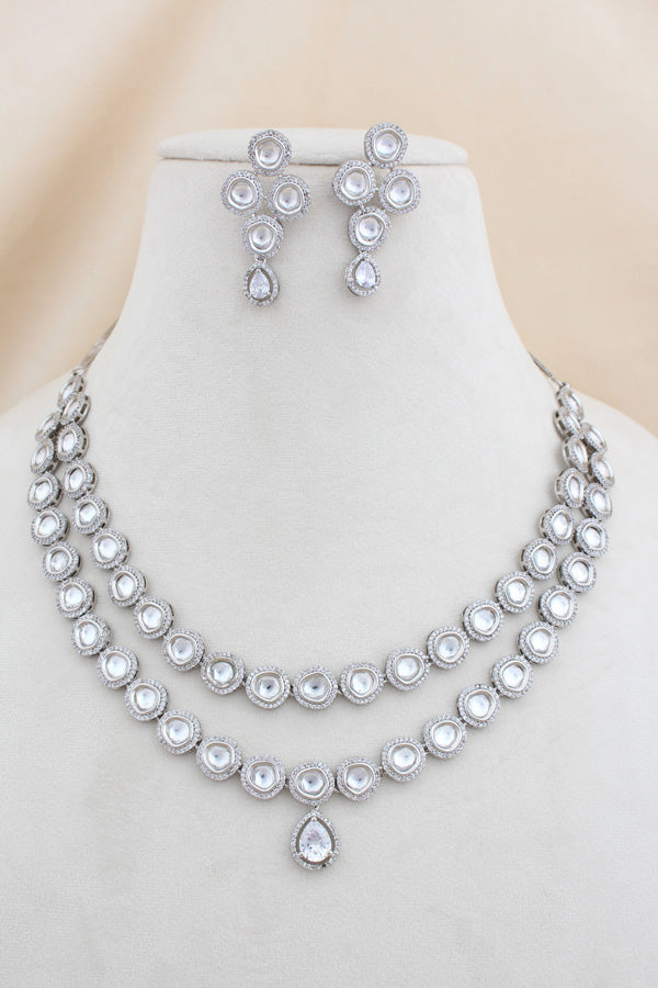 Silver Polish Kundan Necklace Set With Matching Earrings (NK027S-Kundan)