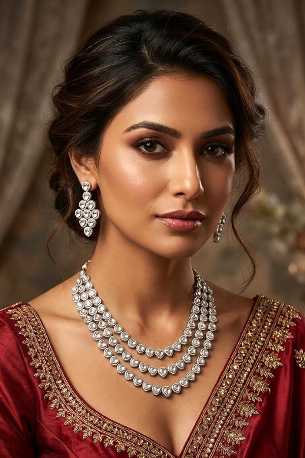 Silver Polish Kundan Necklace Set With Matching Earrings (NK029-Kundan)