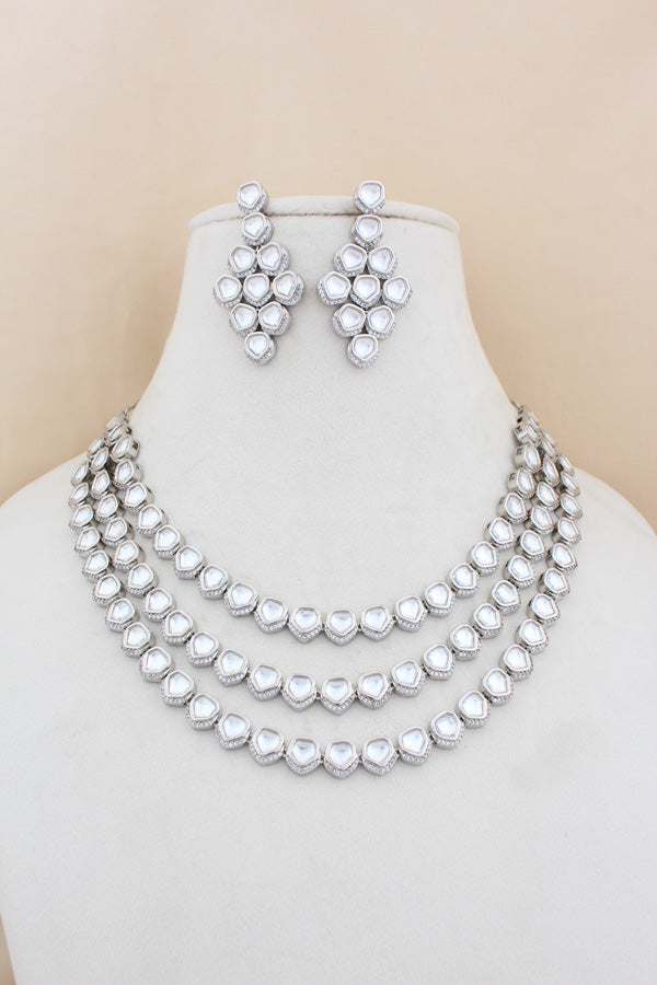 Silver Polish Kundan Necklace Set With Matching Earrings (NK029-Kundan)