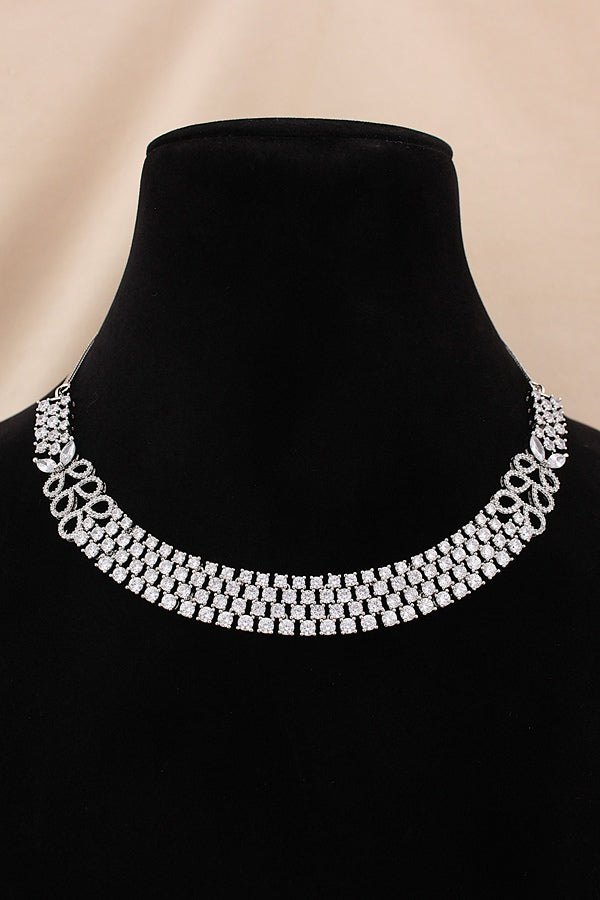Triple Layer Necklace Set In A Glamorous And Royal Look With Silver Colour Stones And Long Matching Earrings (NS007-AD-S)