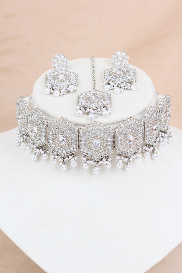 Silver Polish Statement Choker Set With Earrings And Tikka (CS020-Polki-B3)