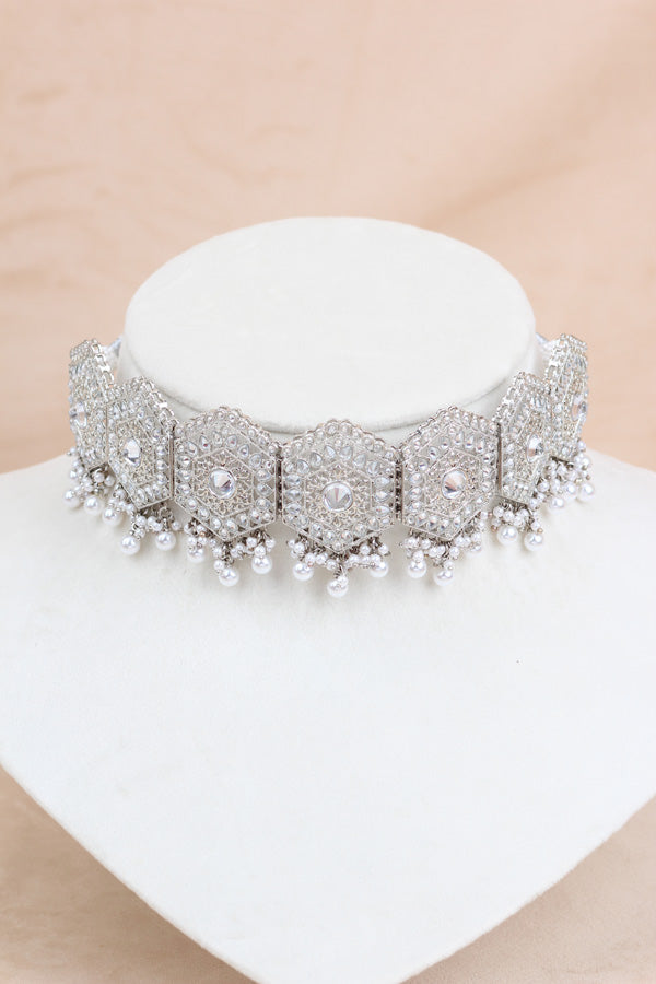 Silver Polish Statement Choker Set With Earrings And Tikka (CS020-Polki-B3)