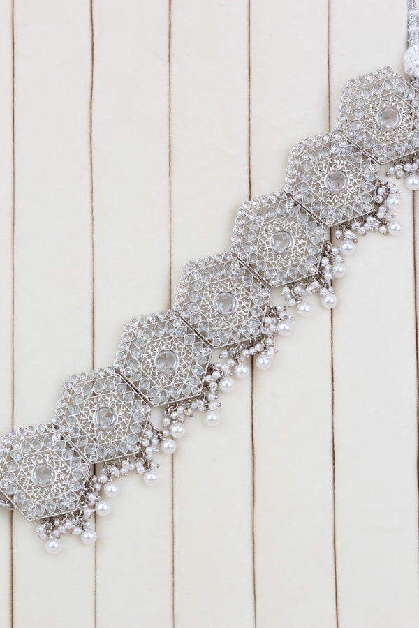 Silver Polish Statement Choker Set With Earrings And Tikka (CS020-Polki-B3)