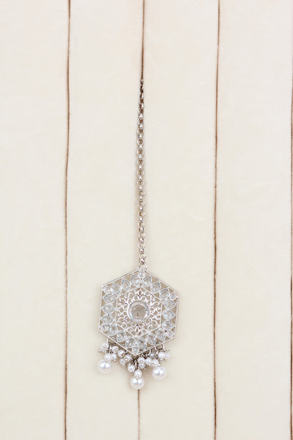 Silver Polish Statement Choker Set With Earrings And Tikka (CS020-Polki-B3)