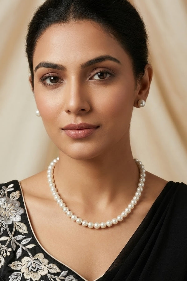 Simple And Single Layer White Pearl Mala Necklace Set With Small Studs (MA004)