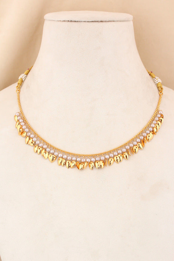 Simple Gold Plated Jadau Necklace Set With Grey Colour Beads With Matching Earrings And Tikka (PJNS011)