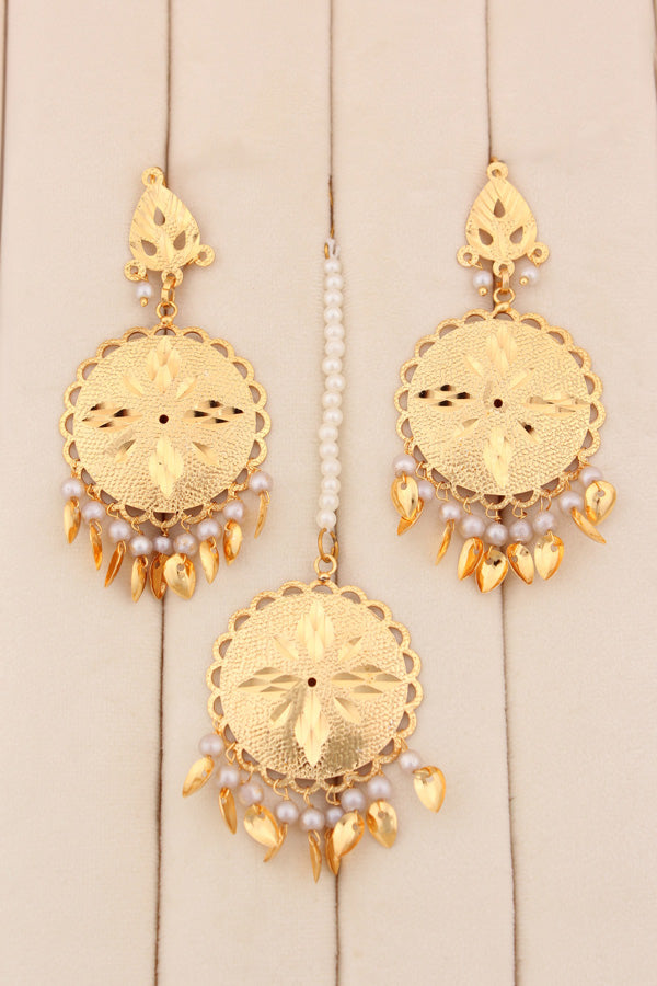 Simple Gold Plated Jadau Necklace Set With Grey Colour Beads With Matching Earrings And Tikka (PJNS011)