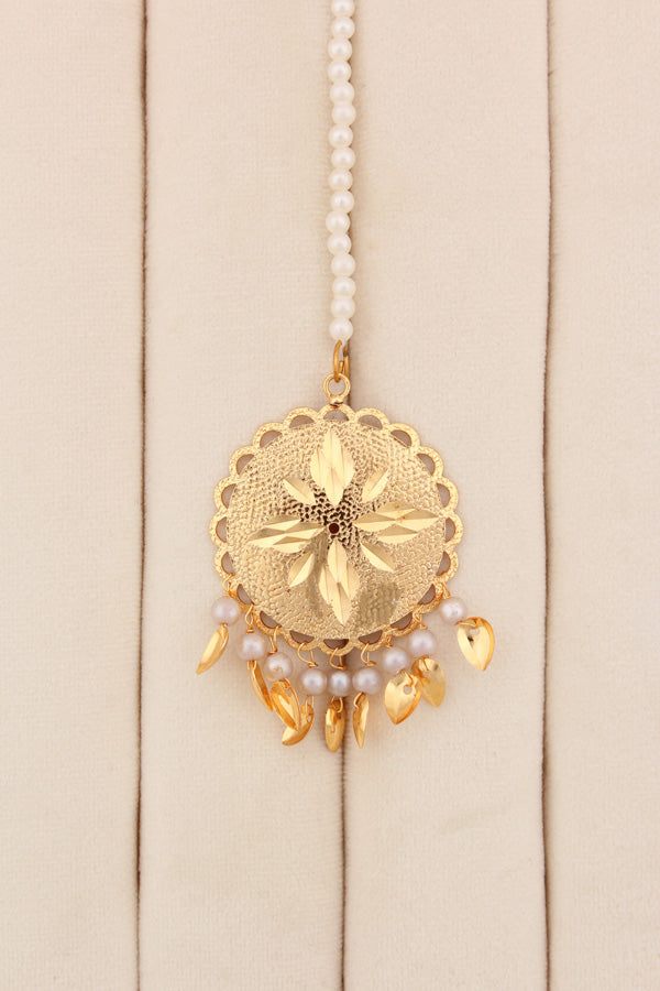 Simple Gold Plated Jadau Necklace Set With Grey Colour Beads With Matching Earrings And Tikka (PJNS011)