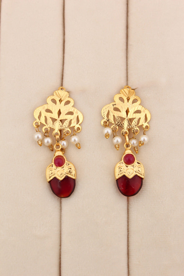 Simple Gold Plated Punjabi Jadau Chain With Red And Green Pendants And Small Matching Earrings (PJNS013)