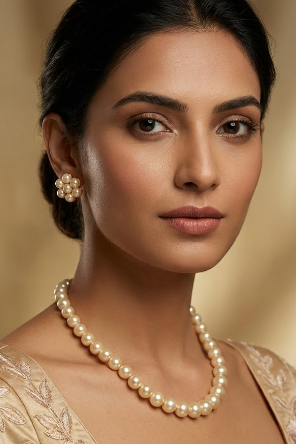 Single Layered Mala Necklace Set With Golden Colour And Small Flower Stud Earrings (MA003)