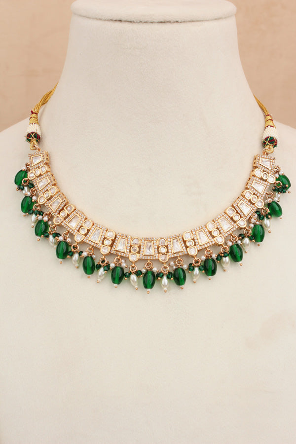 Small And Elegant Quality Kundan Necklace Set With Green Pearls And Small Earrings (NKS036-G)