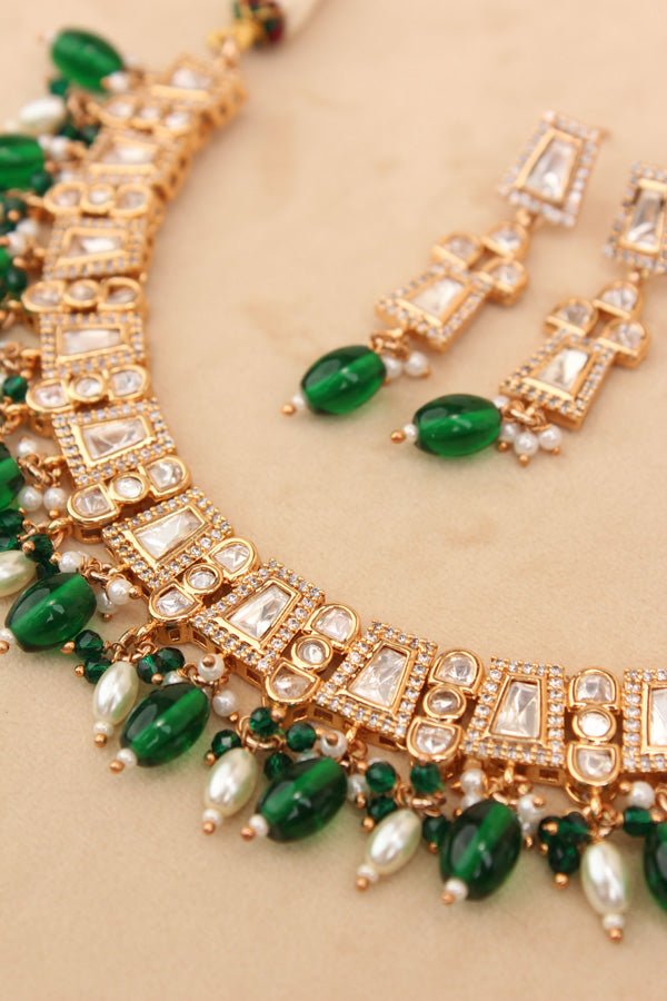 Small And Elegant Quality Kundan Necklace Set With Green Pearls And Small Earrings (NKS036-G)