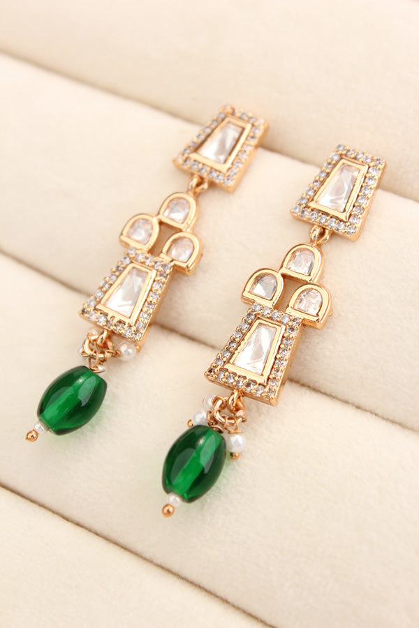 Small And Elegant Quality Kundan Necklace Set With Green Pearls And Small Earrings (NKS036-G)