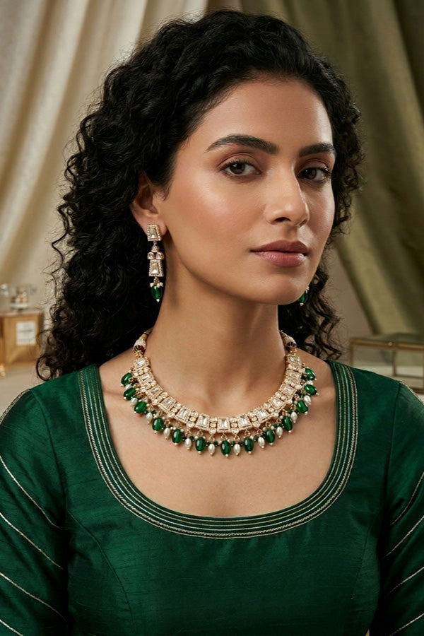 Small And Elegant Quality Kundan Necklace Set With Green Pearls And Small Earrings (NKS036-G)