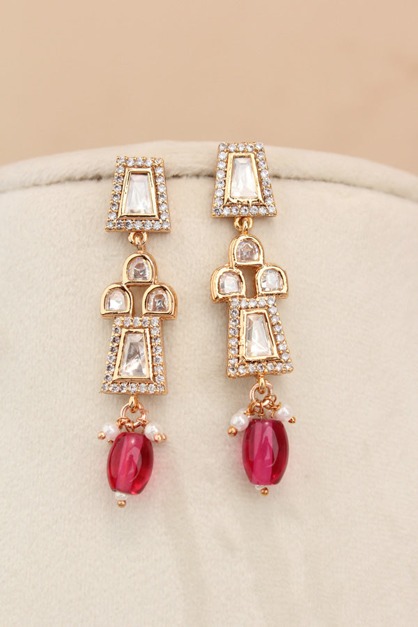 Small And Elegant Quality Kundan Necklace Set With Red Pearls And Small Earrings (NKS036-R)