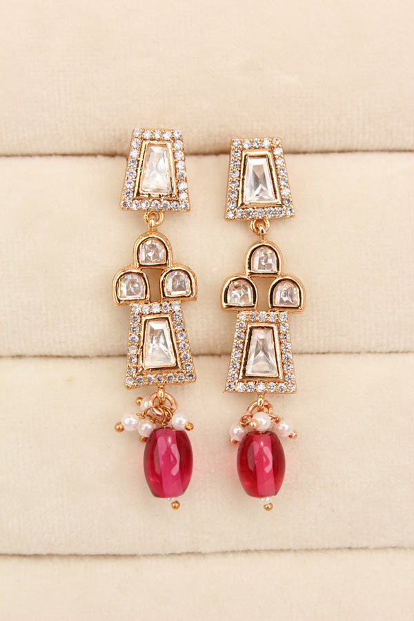 Small And Elegant Quality Kundan Necklace Set With Red Pearls And Small Earrings (NKS036-R)