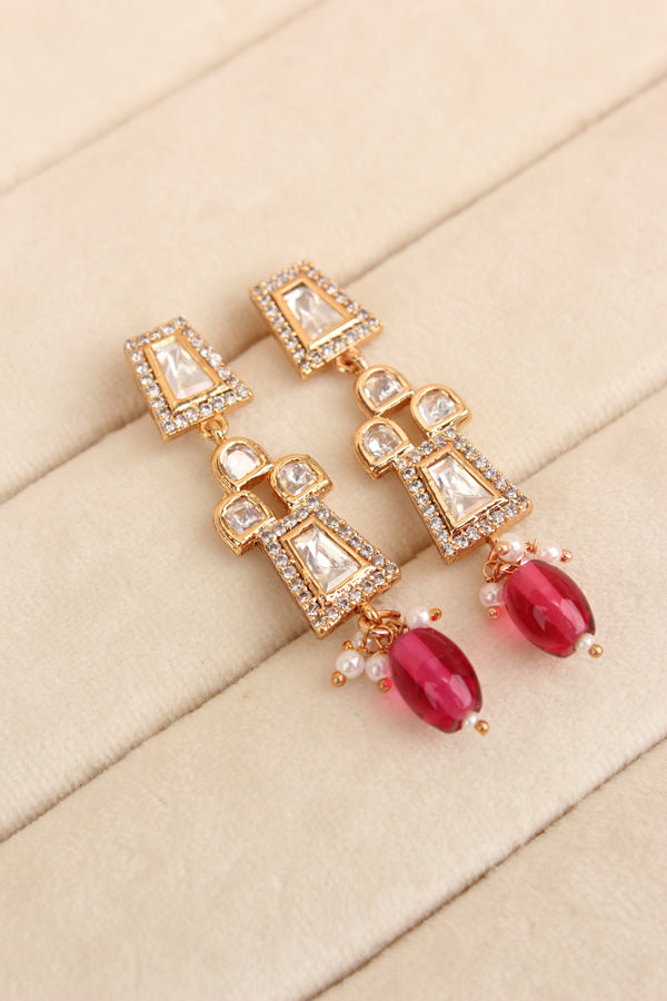 Small And Elegant Quality Kundan Necklace Set With Red Pearls And Small Earrings (NKS036-R)