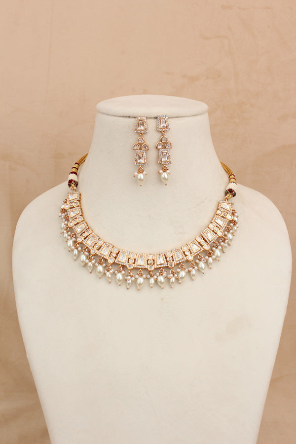 Small And Elegant Quality Kundan Necklace Set With White Pearls And Small Earrings (NKS036-W)