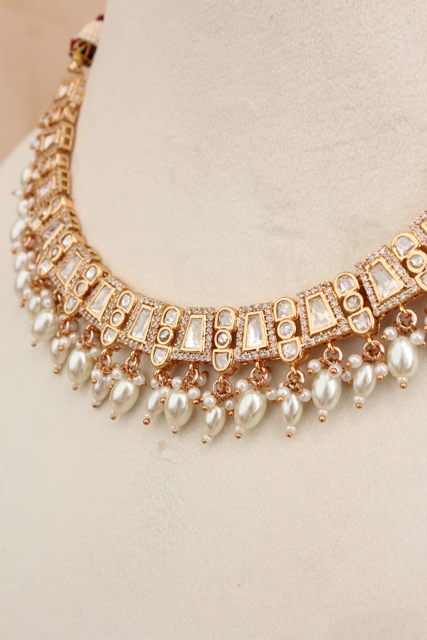 Small And Elegant Quality Kundan Necklace Set With White Pearls And Small Earrings (NKS036-W)