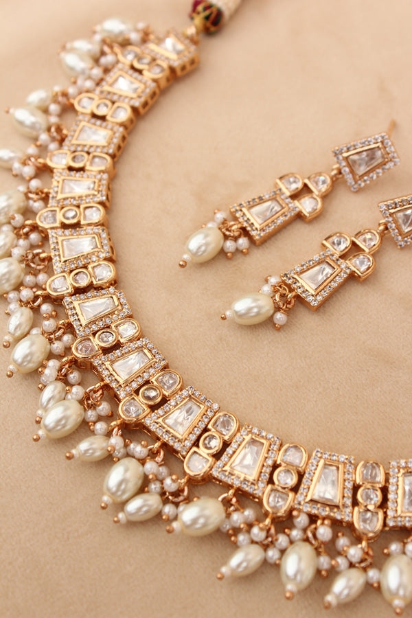 Small And Elegant Quality Kundan Necklace Set With White Pearls And Small Earrings (NKS036-W)