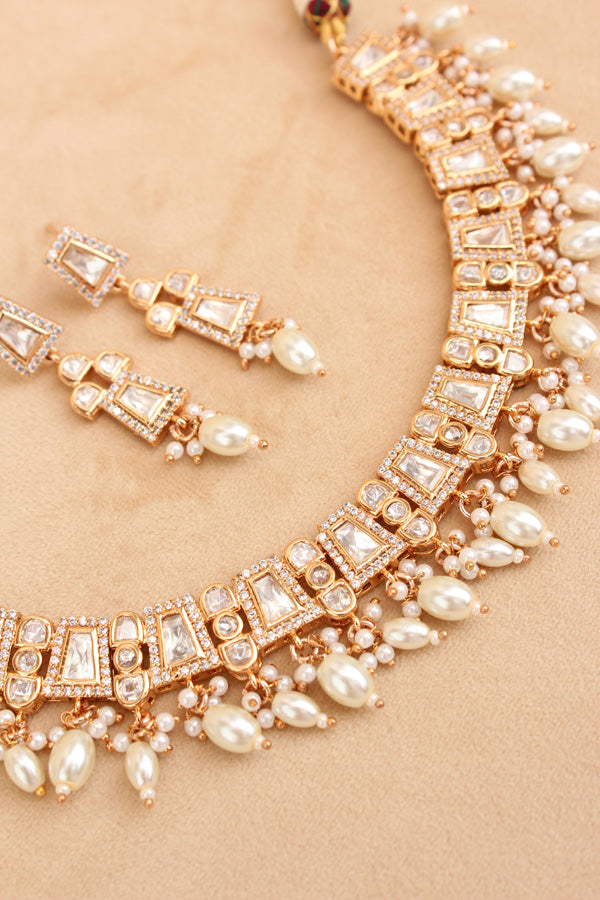 Small And Elegant Quality Kundan Necklace Set With White Pearls And Small Earrings (NKS036-W)