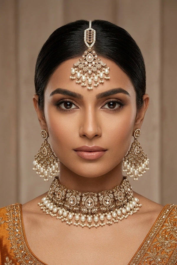 Gold Small Statement Choker With Pearls Attached With Matching Earrings And Tikka (CS018-GO-Polki-B3)