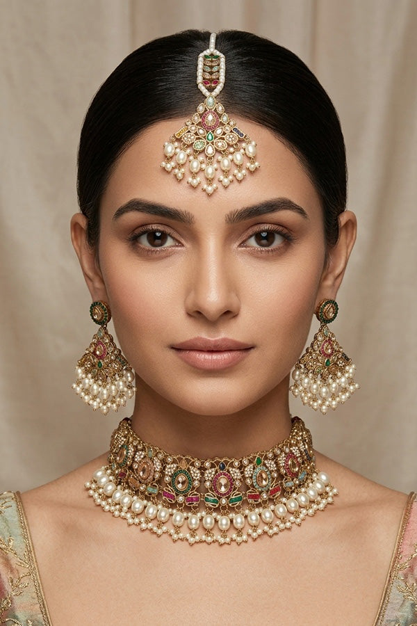 Multi Color Small Statement Choker With Pearls Attached With Matching Earrings And Tikka (CS018-MU-Polki-B3)
