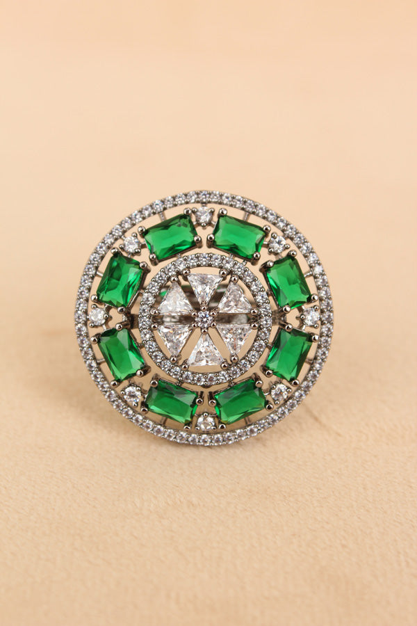 Sparkling American Diamond Adjustable Ring With Green Colour Stones (ADR009-G)