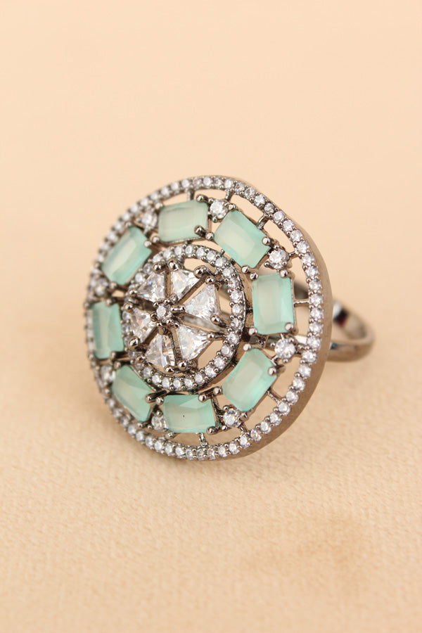 Sparkling American Diamond Adjustable Ring With Mint Green Colour Stones In Black Polish (ADR009-MG)