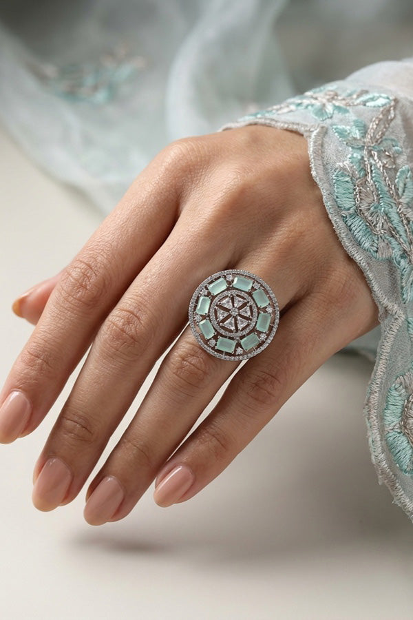 Sparkling American Diamond Adjustable Ring With Mint Green Colour Stones In Black Polish (ADR009-MG)