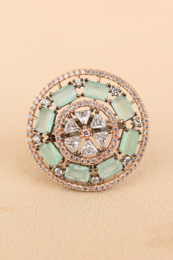 Sparkling American Diamond Adjustable Ring With Mint Green Colour Stones In Rose Gold Polish (ADR009-RMG)