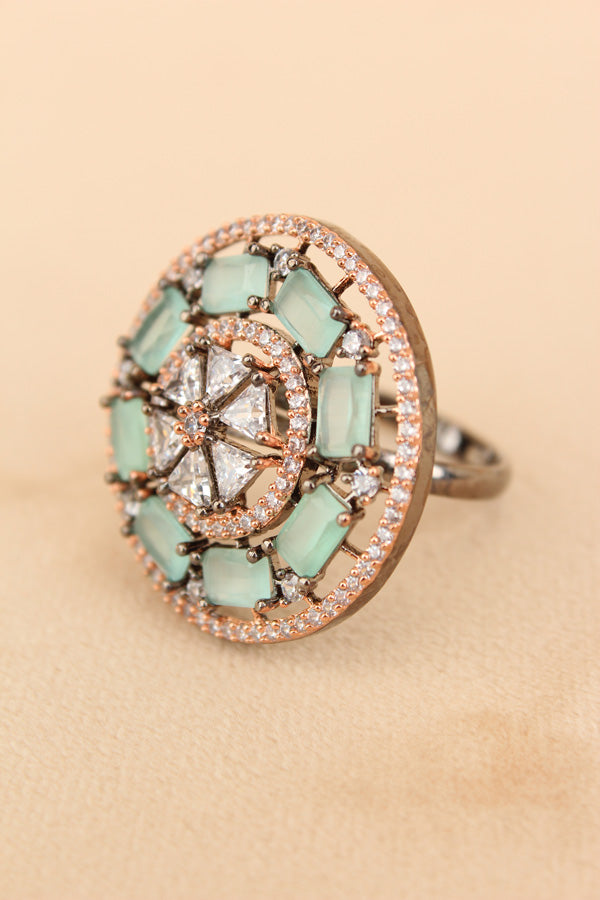 Sparkling American Diamond Adjustable Ring With Mint Green Colour Stones In Rose Gold Polish (ADR009-RMG)