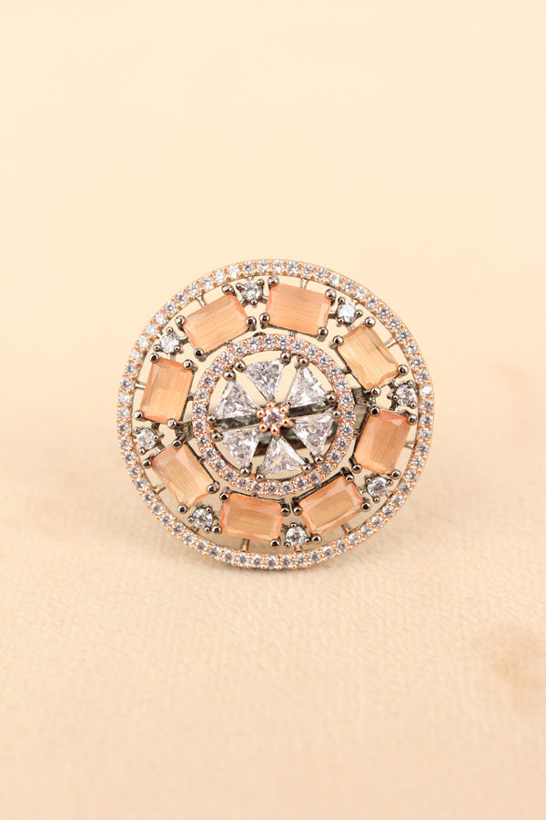 Sparkling American Diamond Adjustable Ring With Peach Colour Stones (ADR009-PE)