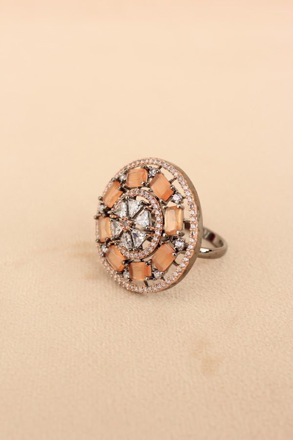 Sparkling American Diamond Adjustable Ring With Peach Colour Stones (ADR009-PE)