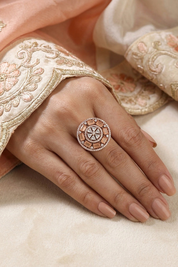 Sparkling American Diamond Adjustable Ring With Peach Colour Stones (ADR009-PE)