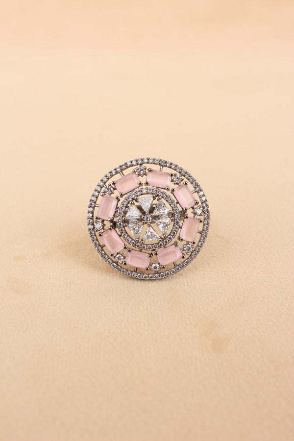 Sparkling American Diamond Adjustable Ring With Pink Colour Stones (ADR009-P)