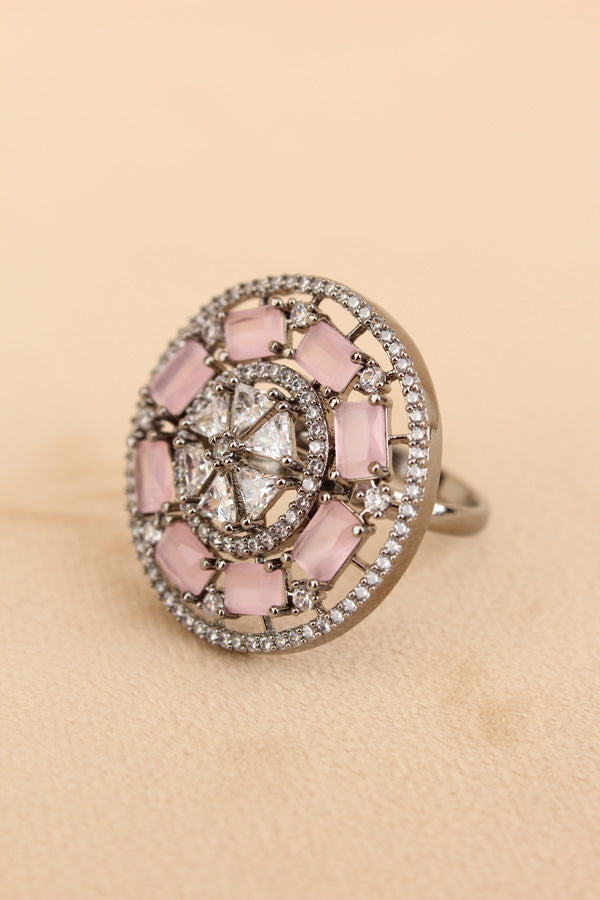 Sparkling American Diamond Adjustable Ring With Pink Colour Stones (ADR009-P)