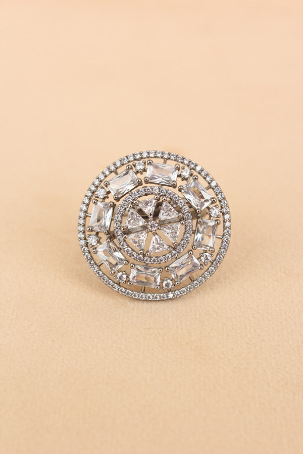 Sparkling American Diamond Adjustable Ring With Silver Colour Stones (ADR009-S)